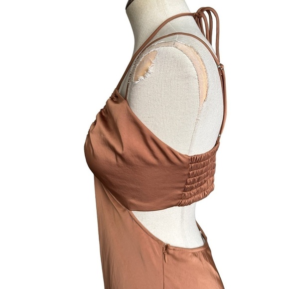 A.L.C. Sienna Cut Out Shirred Satin Midi Dress in Rawhide Brown Size:6 - Picture 10 of 14